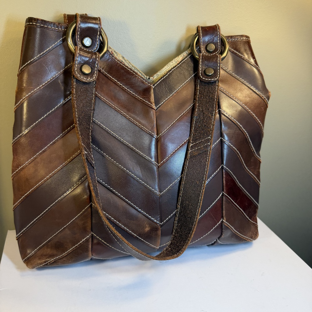 Lucky Brand Chevron Patchwork Leather Women's Shoulder Bag Brown Boho Tote